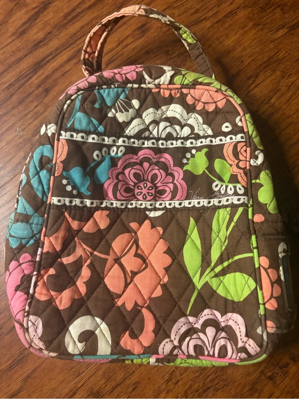 Vera Bradley Quilted Insulated Lunch Bag in Brown with Pink, Green, Turquoise